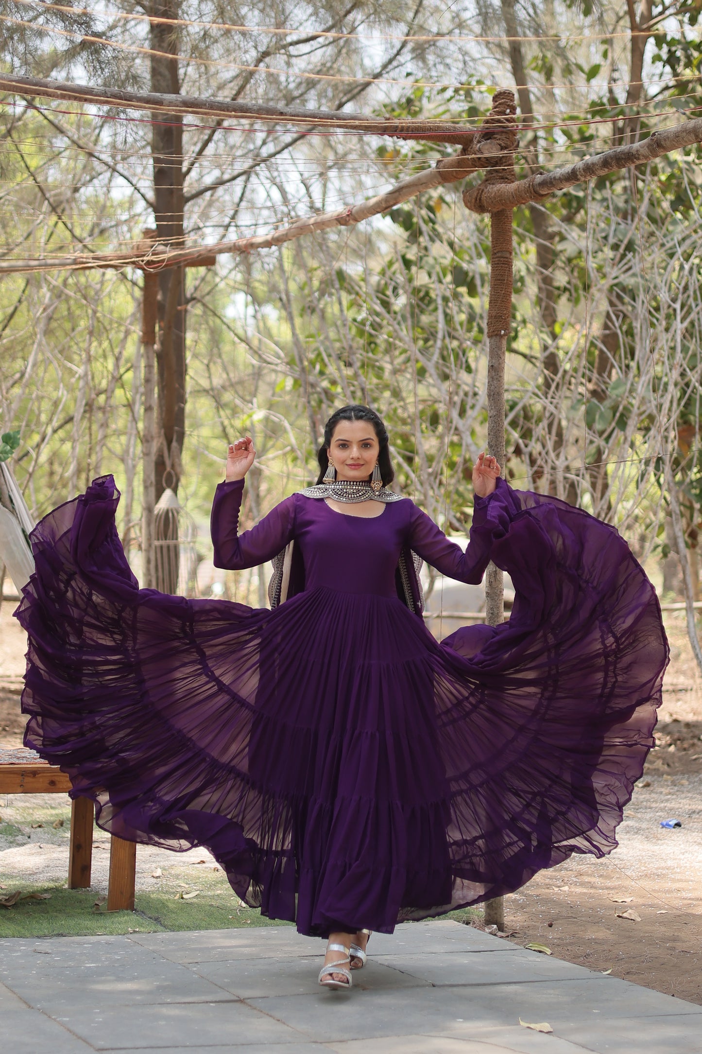 Faux Georgette 5-Layer Frill Gown with Embroidered Dupatta