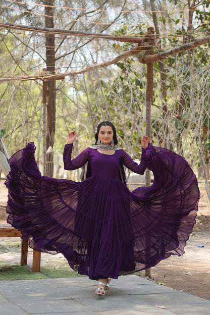 Faux Georgette 5-Layer Frill Gown with Embroidered Dupatta