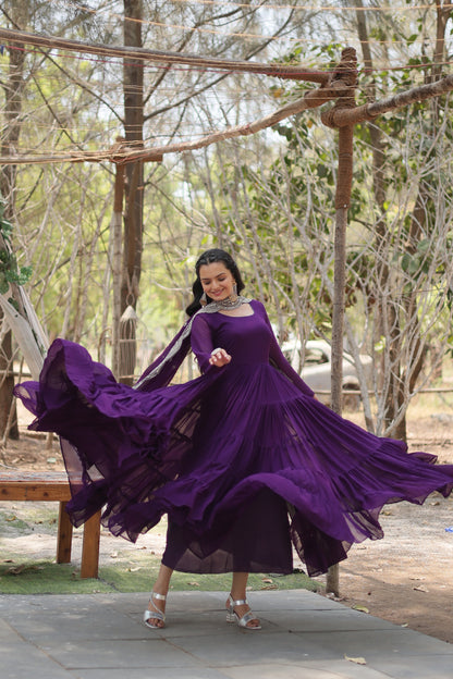 Faux Georgette 5-Layer Frill Gown with Embroidered Dupatta