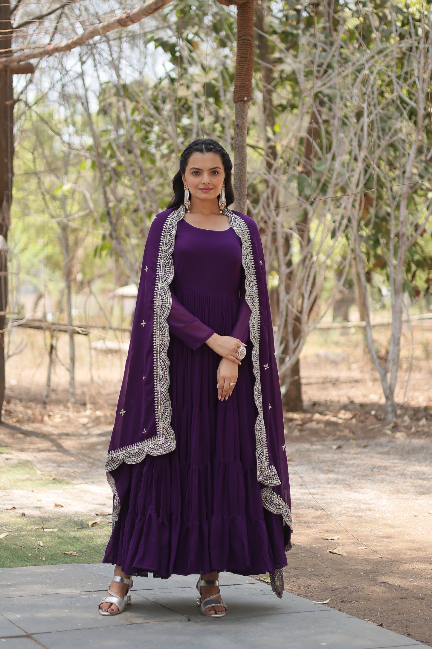 Faux Georgette 5-Layer Frill Gown with Embroidered Dupatta