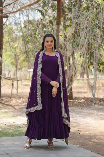 Faux Georgette 5-Layer Frill Gown with Embroidered Dupatta