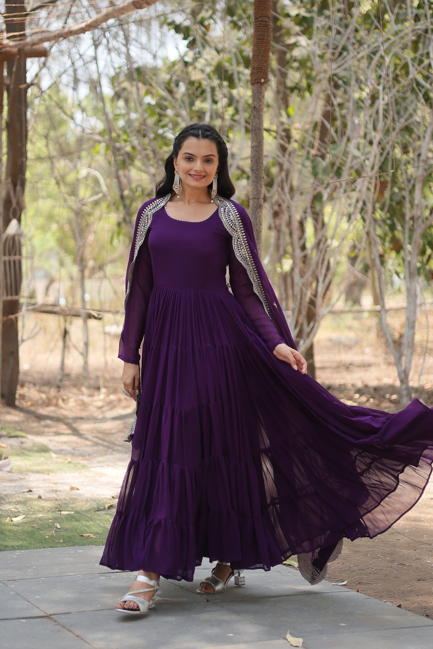 Faux Georgette 5-Layer Frill Gown with Embroidered Dupatta