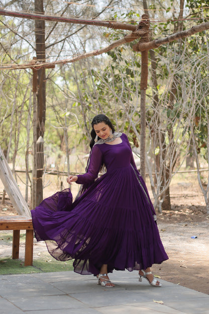 Faux Georgette 5-Layer Frill Gown with Embroidered Dupatta