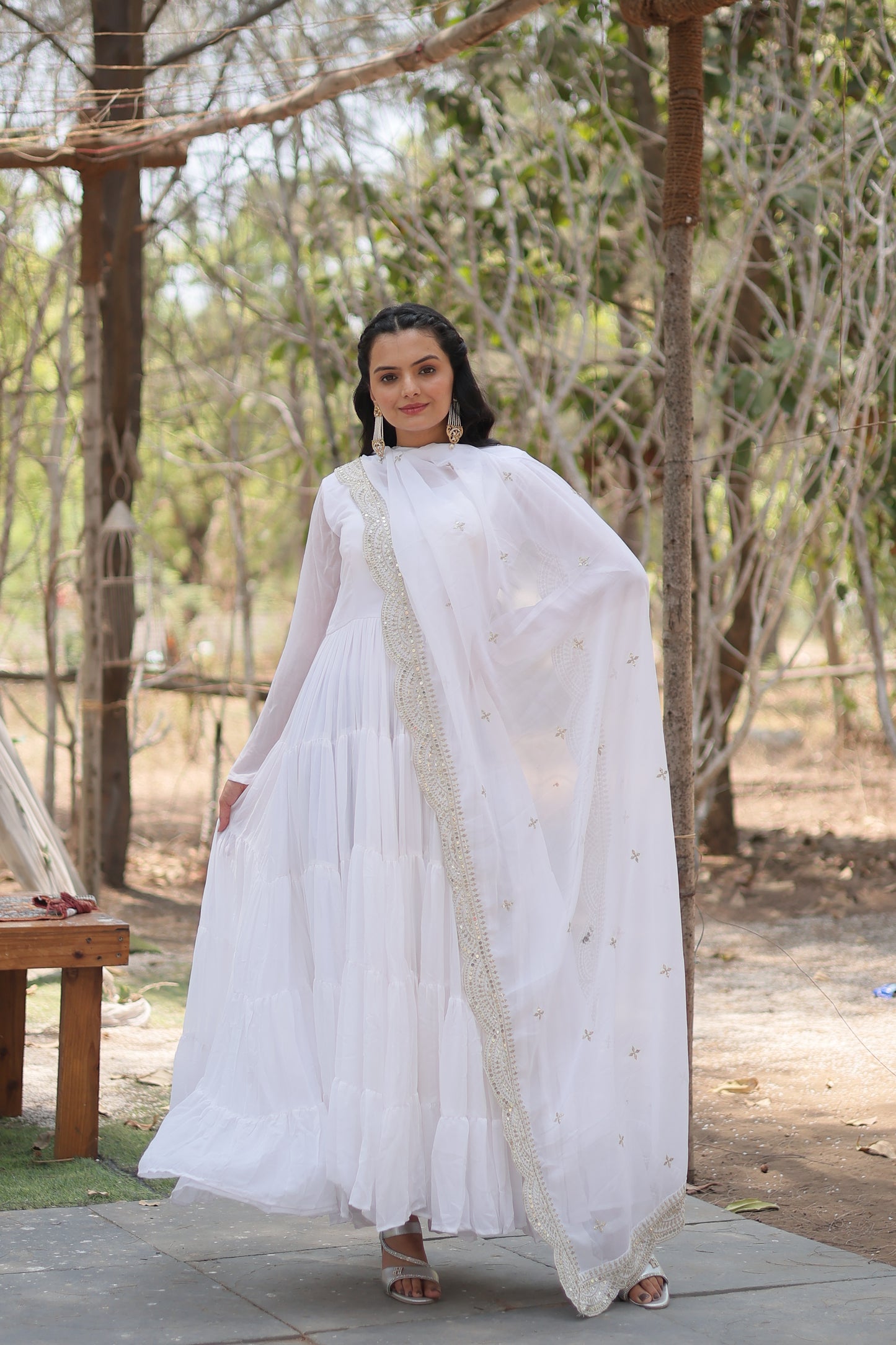 Faux Georgette 5-Layer Frill Gown with Embroidered Dupatta