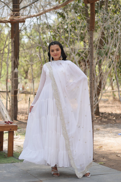 Faux Georgette 5-Layer Frill Gown with Embroidered Dupatta