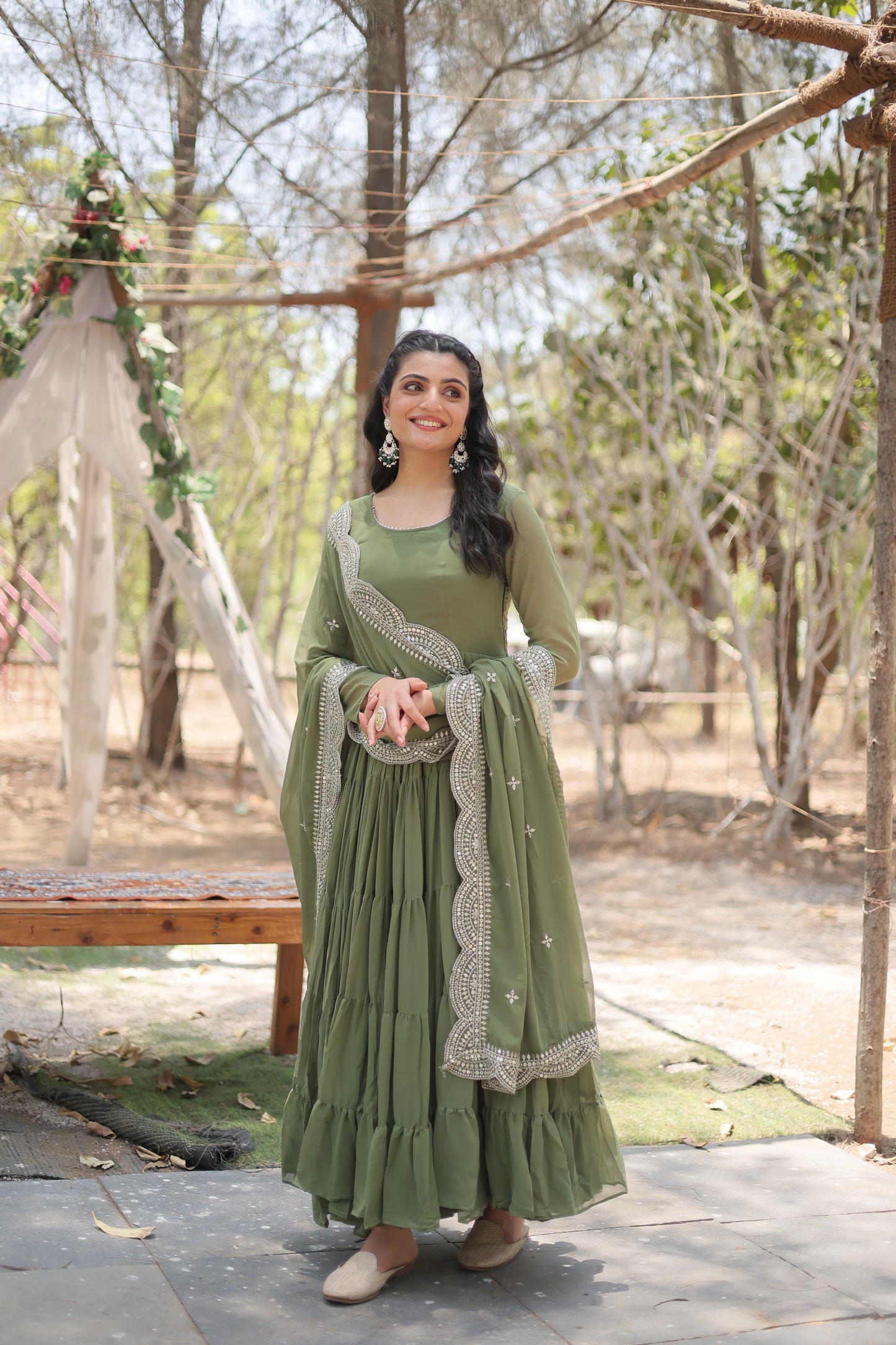 Faux Georgette 5-Layer Frill Gown with Embroidered Dupatta