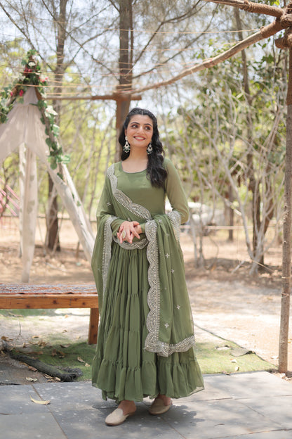 Faux Georgette 5-Layer Frill Gown with Embroidered Dupatta