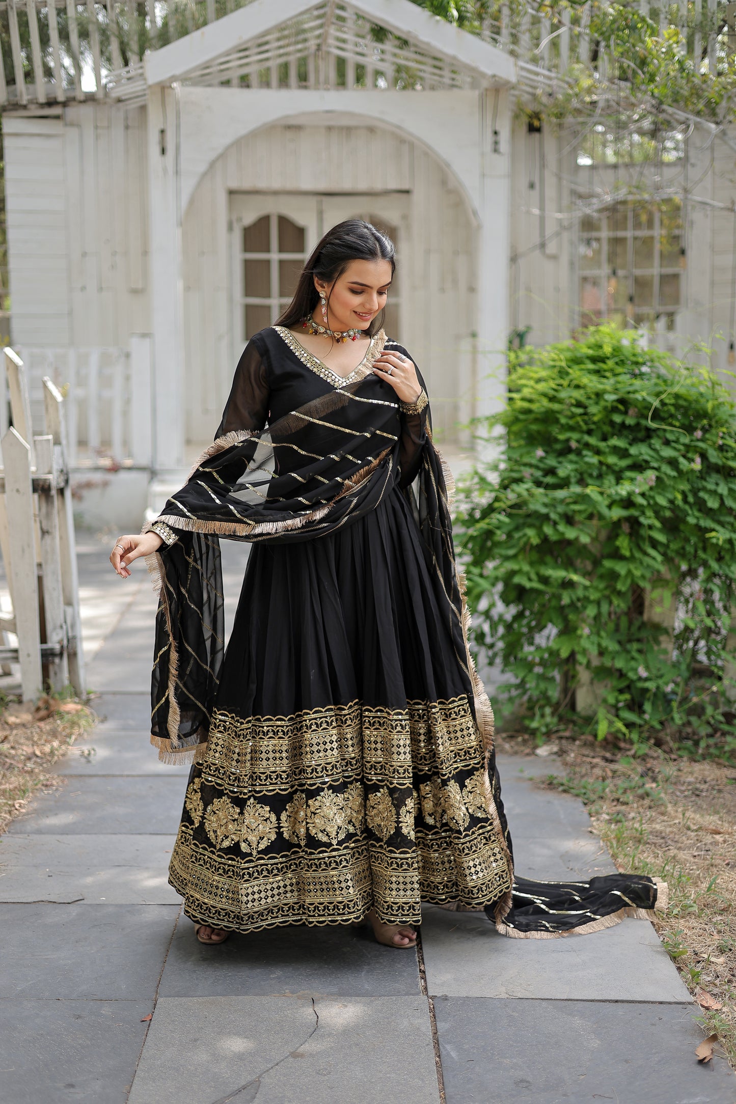 Elegant Faux Blooming Embroidered Gown with Sequined Dupatta