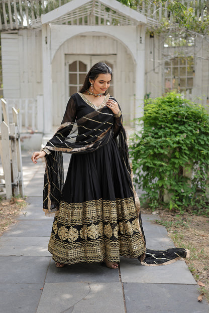 Elegant Faux Blooming Embroidered Gown with Sequined Dupatta