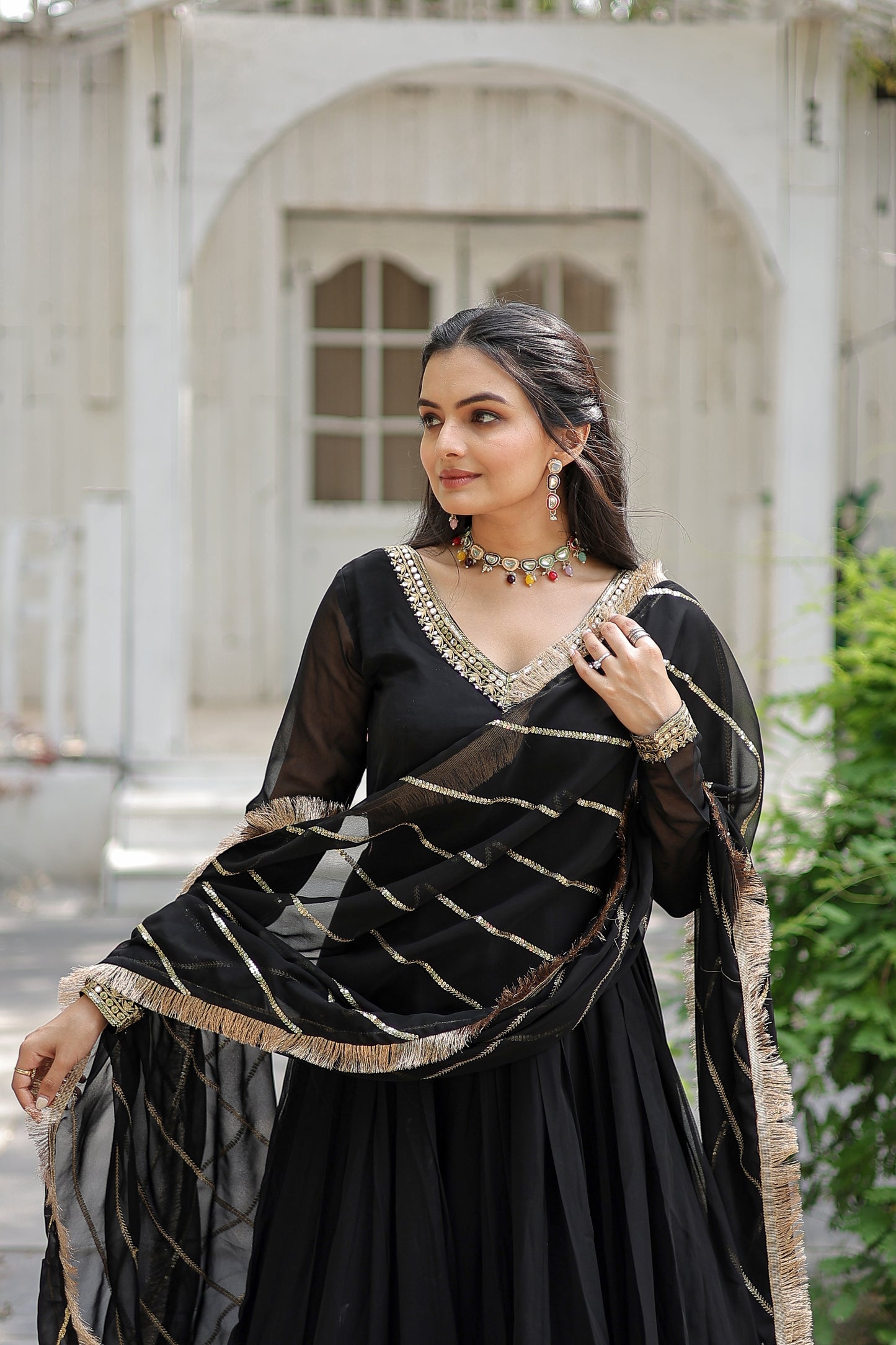 Elegant Faux Blooming Embroidered Gown with Sequined Dupatta