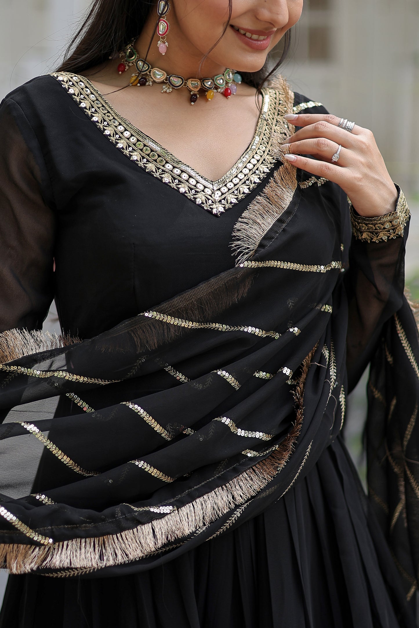 Elegant Faux Blooming Embroidered Gown with Sequined Dupatta