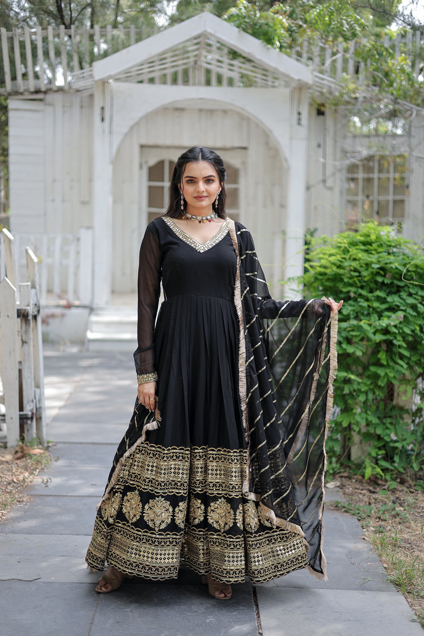 Elegant Faux Blooming Embroidered Gown with Sequined Dupatta