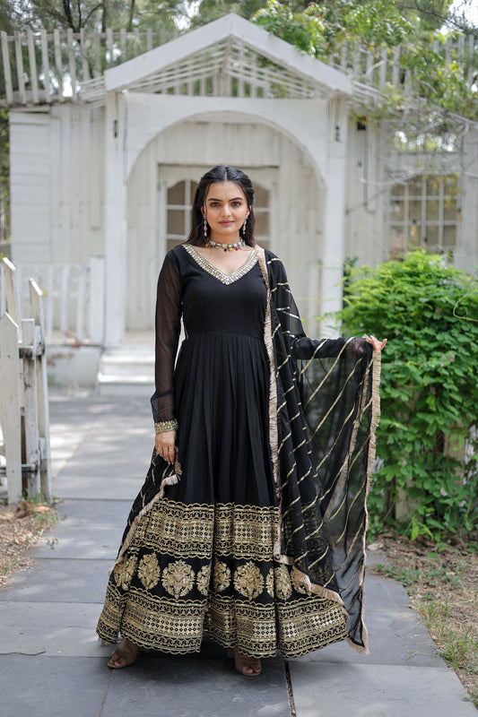 Elegant Faux Blooming Embroidered Gown with Sequined Dupatta