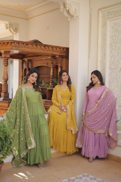 Elegant 5-Layer Frill Faux Georgette Embroidered Gown with Dupatta