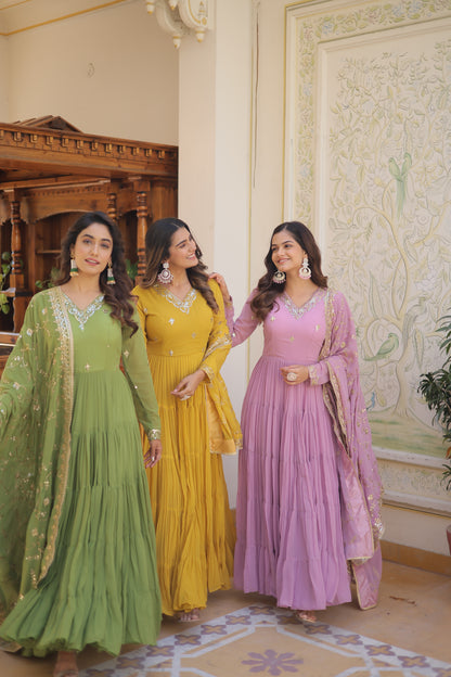 Elegant 5-Layer Frill Faux Georgette Embroidered Gown with Dupatta