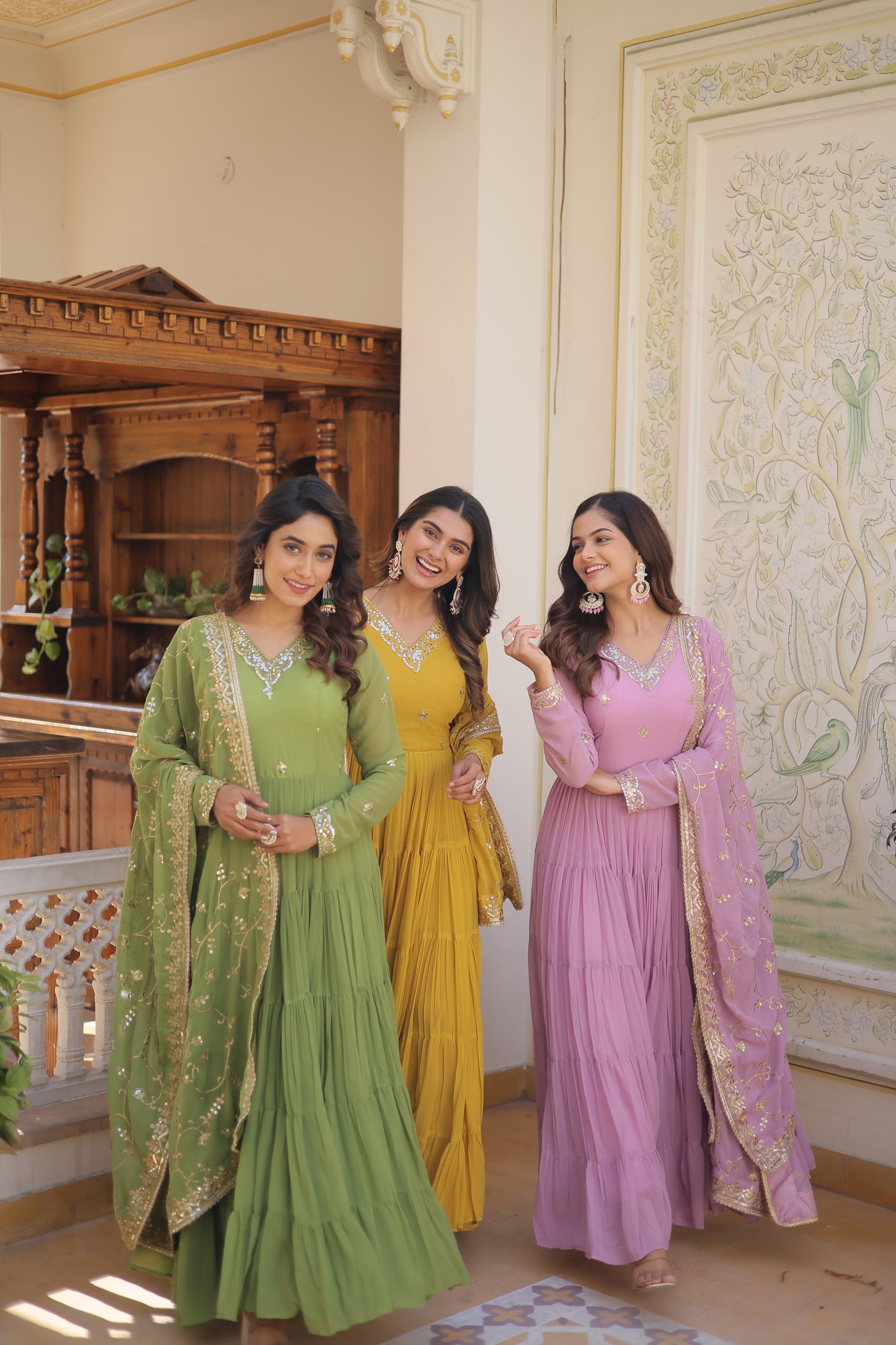 Elegant 5-Layer Frill Faux Georgette Embroidered Gown with Dupatta
