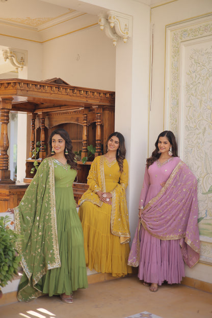 Elegant 5-Layer Frill Faux Georgette Embroidered Gown with Dupatta