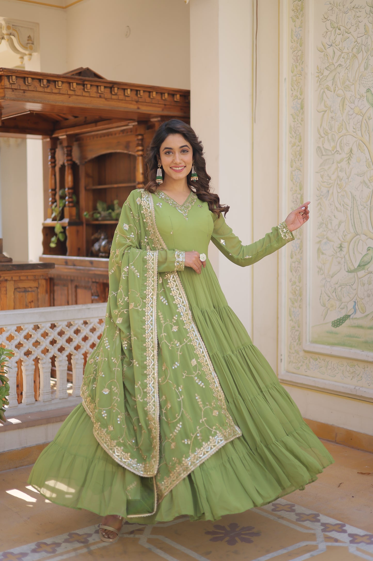 Elegant 5-Layer Frill Faux Georgette Embroidered Gown with Dupatta