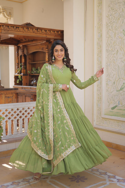 Elegant 5-Layer Frill Faux Georgette Embroidered Gown with Dupatta