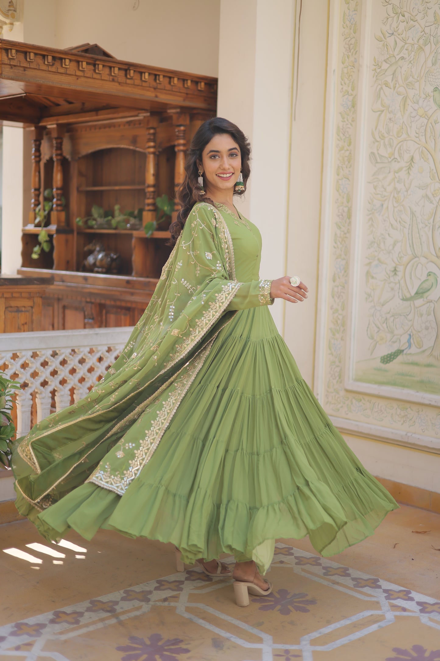 Elegant 5-Layer Frill Faux Georgette Embroidered Gown with Dupatta