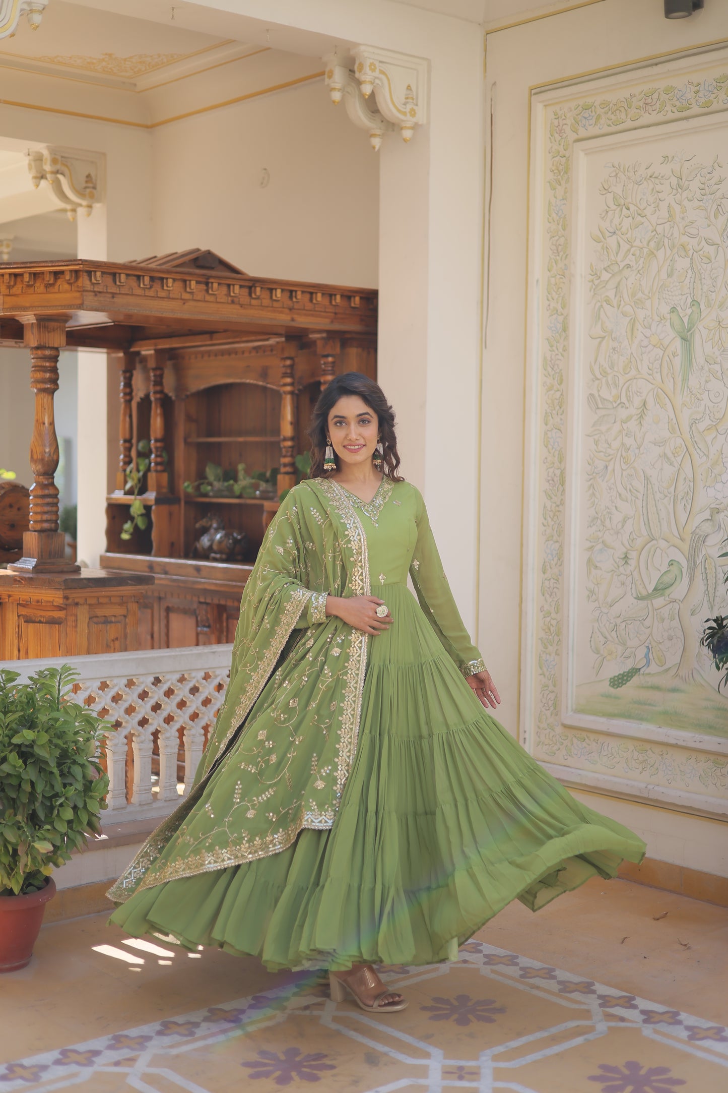 Elegant 5-Layer Frill Faux Georgette Embroidered Gown with Dupatta