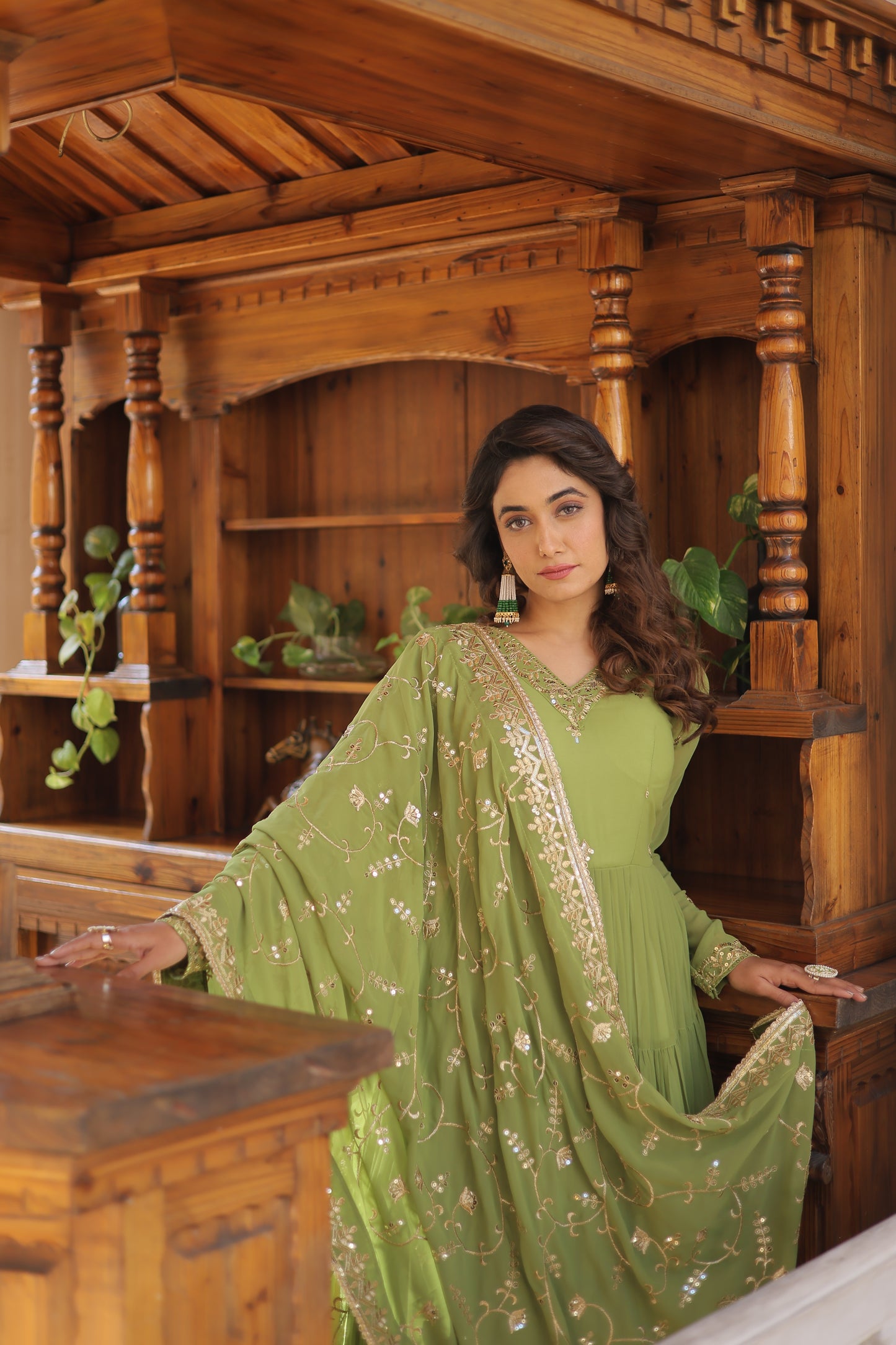 Elegant 5-Layer Frill Faux Georgette Embroidered Gown with Dupatta