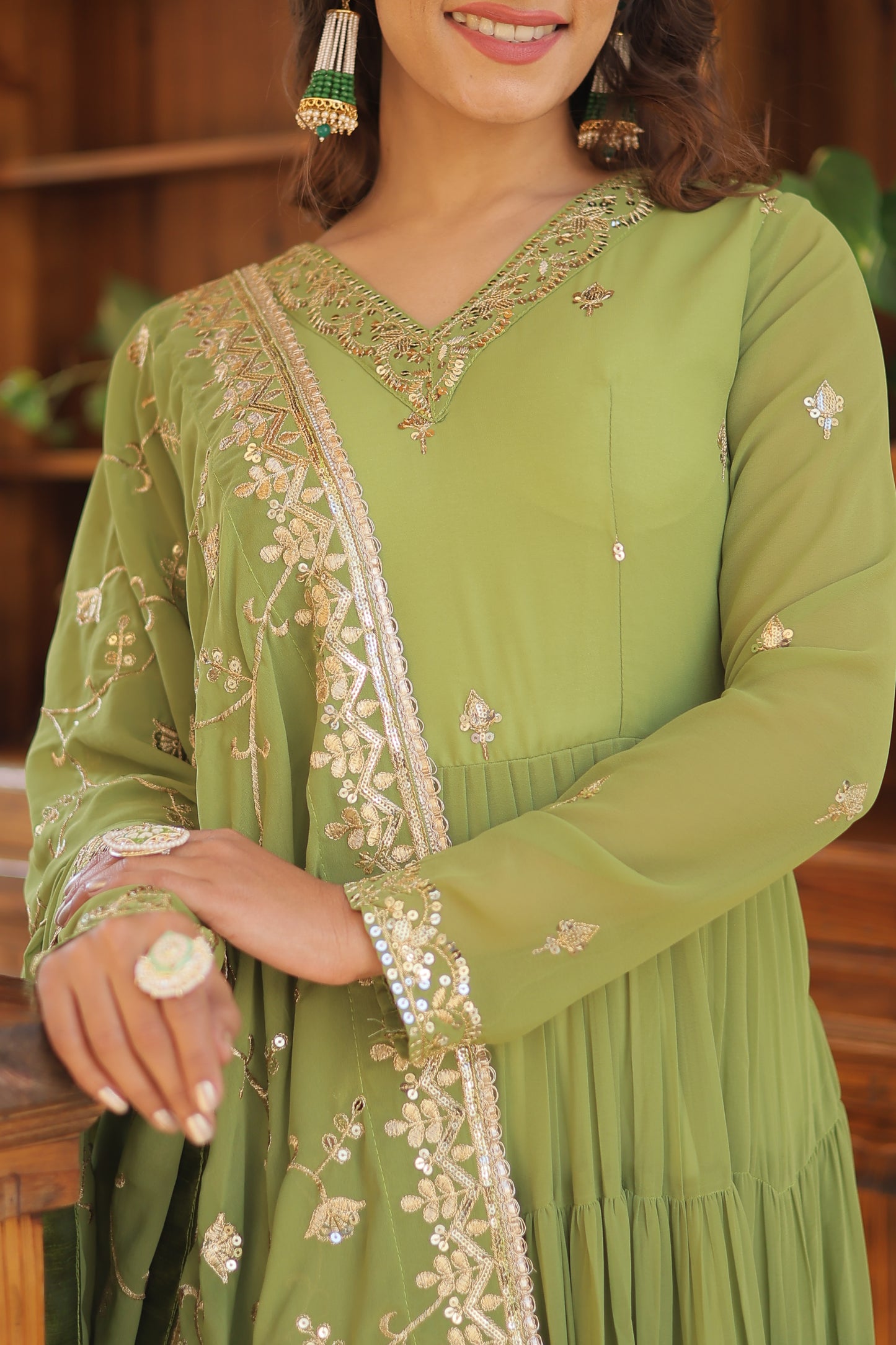 Elegant 5-Layer Frill Faux Georgette Embroidered Gown with Dupatta