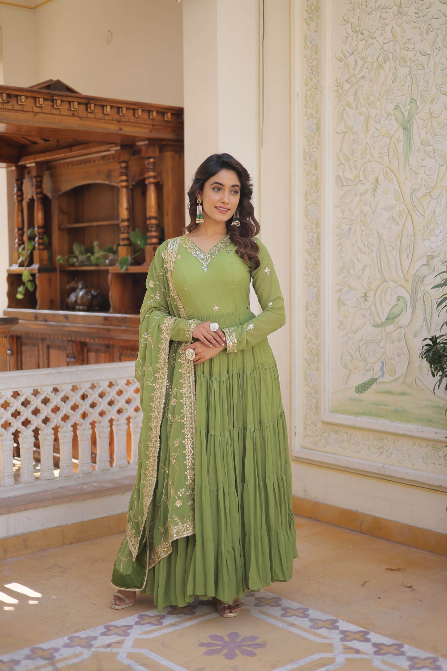Elegant 5-Layer Frill Faux Georgette Embroidered Gown with Dupatta