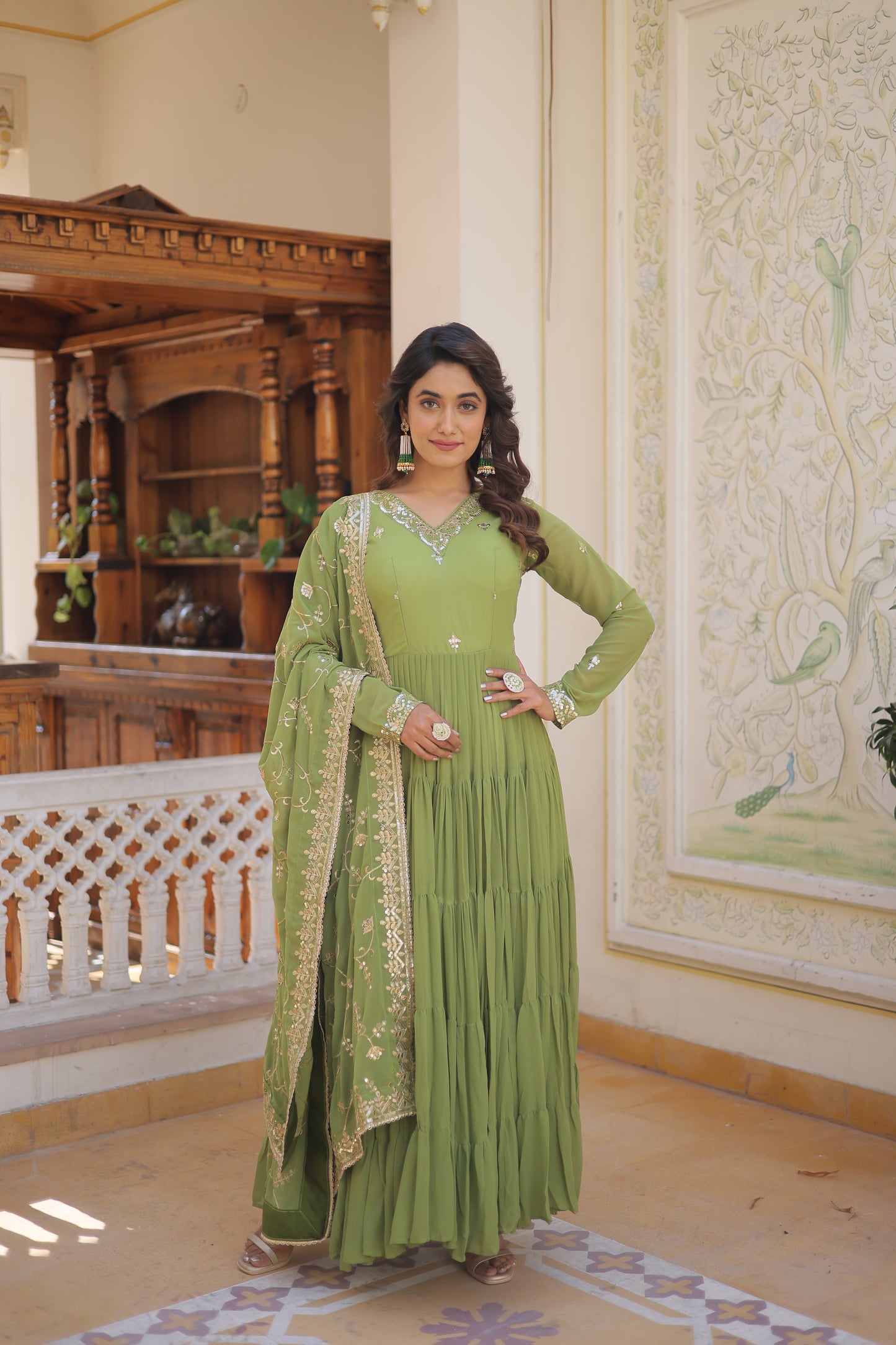 Elegant 5-Layer Frill Faux Georgette Embroidered Gown with Dupatta