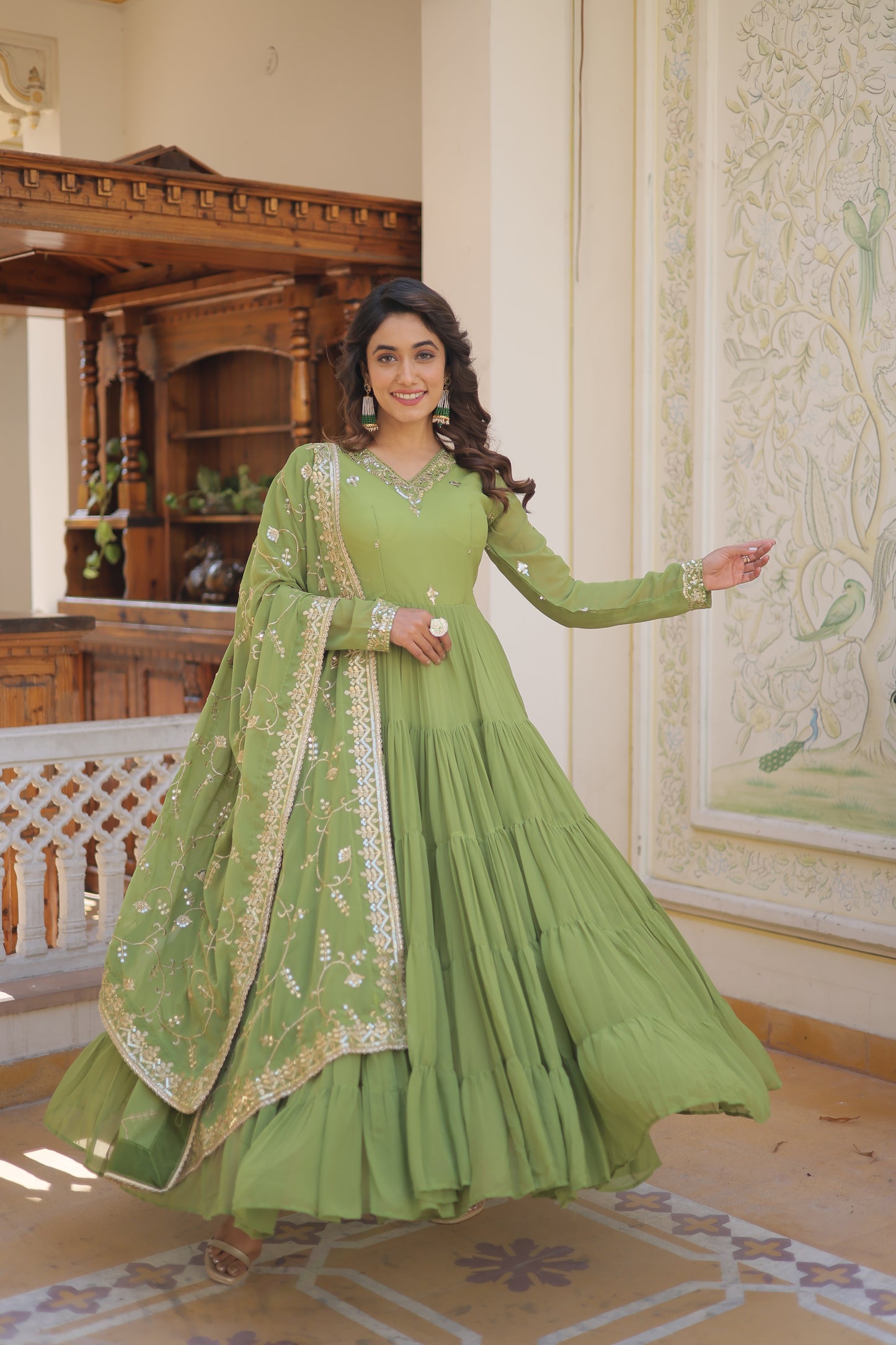 Elegant 5-Layer Frill Faux Georgette Embroidered Gown with Dupatta