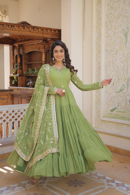 Elegant 5-Layer Frill Faux Georgette Embroidered Gown with Dupatta