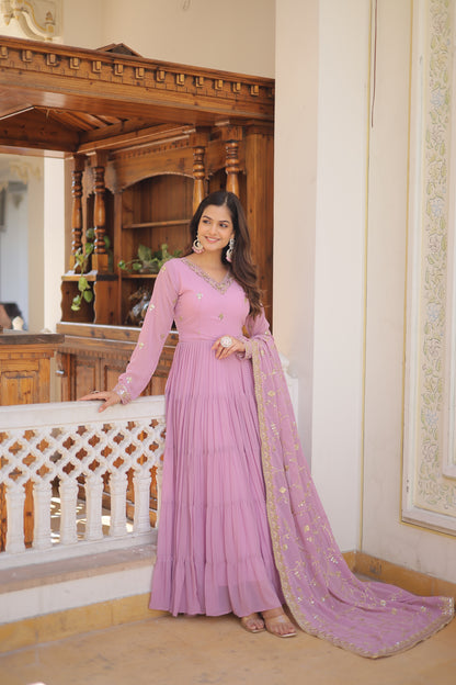 Elegant 5-Layer Frill Faux Georgette Embroidered Gown with Dupatta