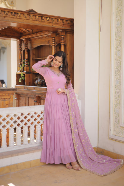 Elegant 5-Layer Frill Faux Georgette Embroidered Gown with Dupatta