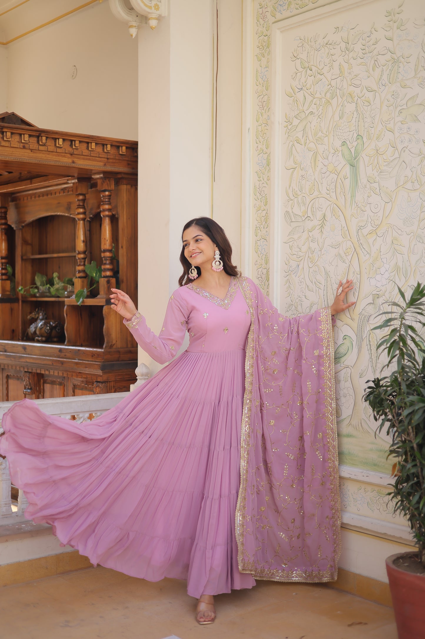 Elegant 5-Layer Frill Faux Georgette Embroidered Gown with Dupatta