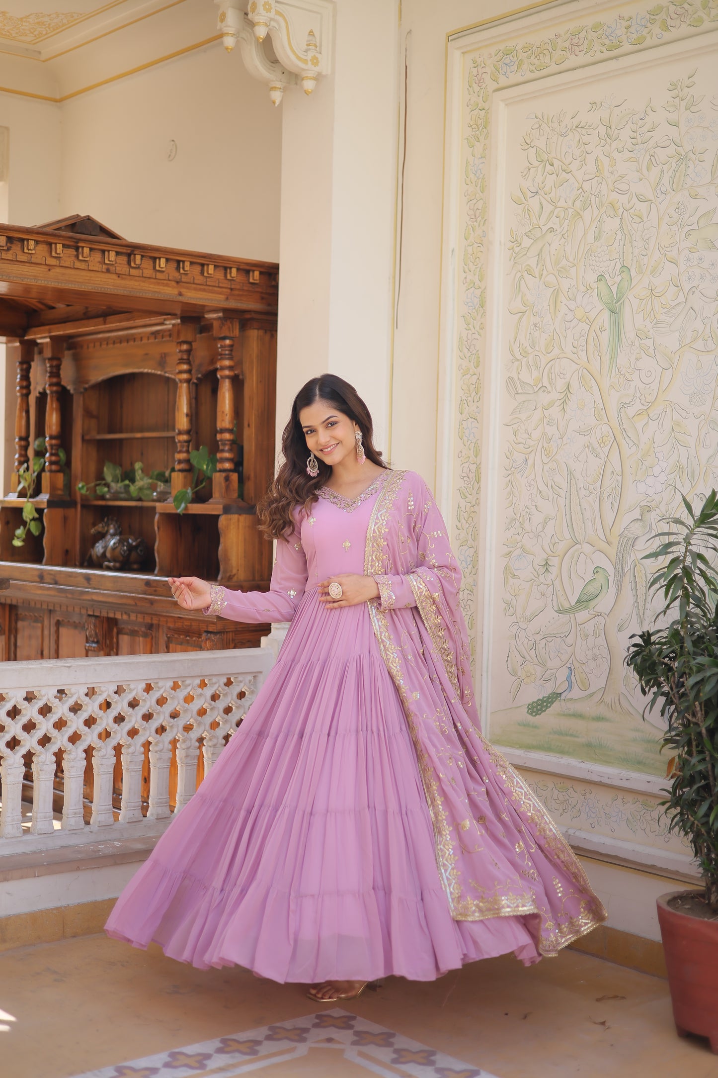 Elegant 5-Layer Frill Faux Georgette Embroidered Gown with Dupatta