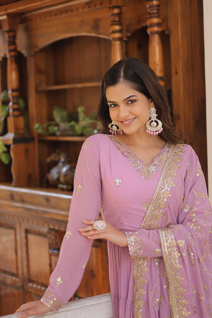 Elegant 5-Layer Frill Faux Georgette Embroidered Gown with Dupatta