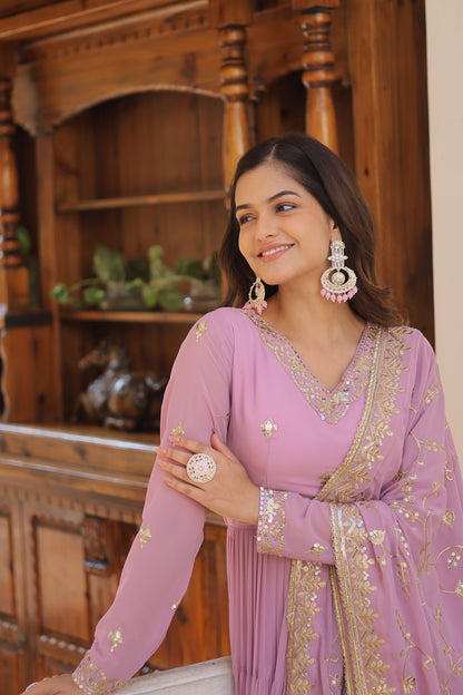 Elegant 5-Layer Frill Faux Georgette Embroidered Gown with Dupatta