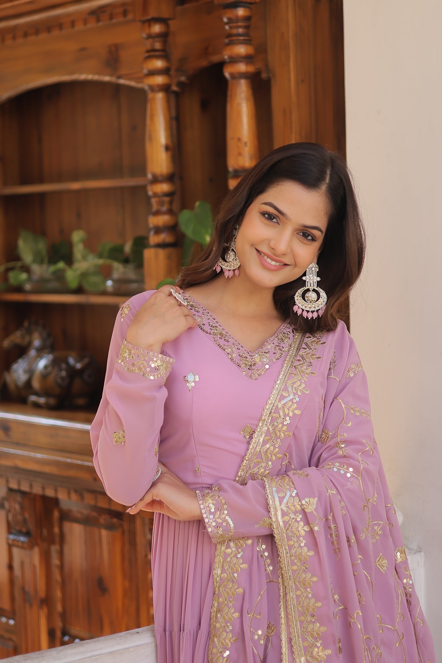 Elegant 5-Layer Frill Faux Georgette Embroidered Gown with Dupatta