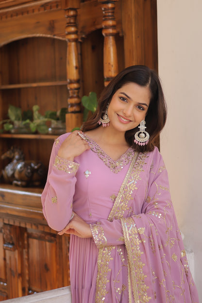 Elegant 5-Layer Frill Faux Georgette Embroidered Gown with Dupatta