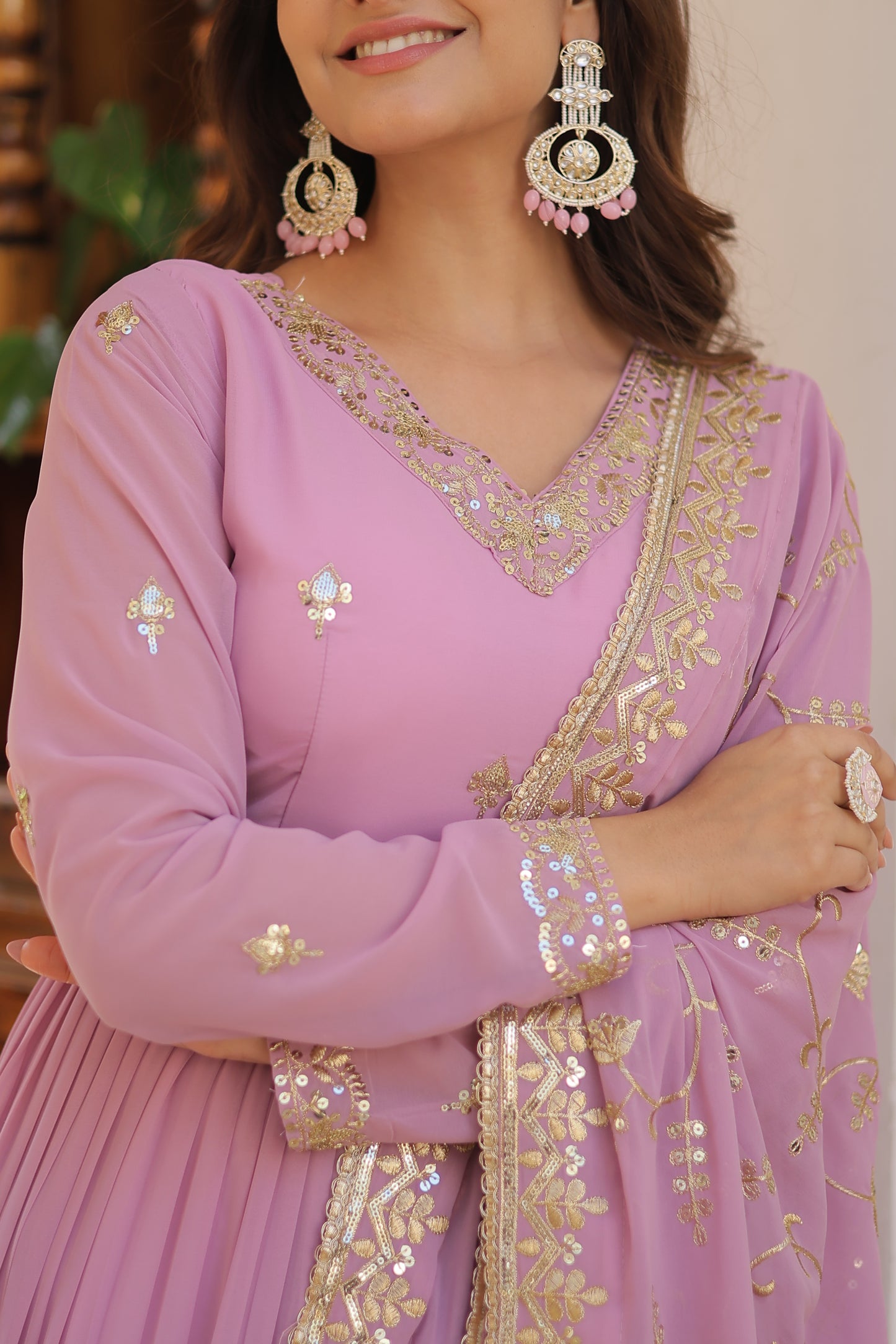 Elegant 5-Layer Frill Faux Georgette Embroidered Gown with Dupatta