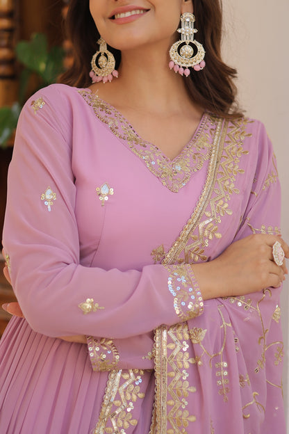 Elegant 5-Layer Frill Faux Georgette Embroidered Gown with Dupatta