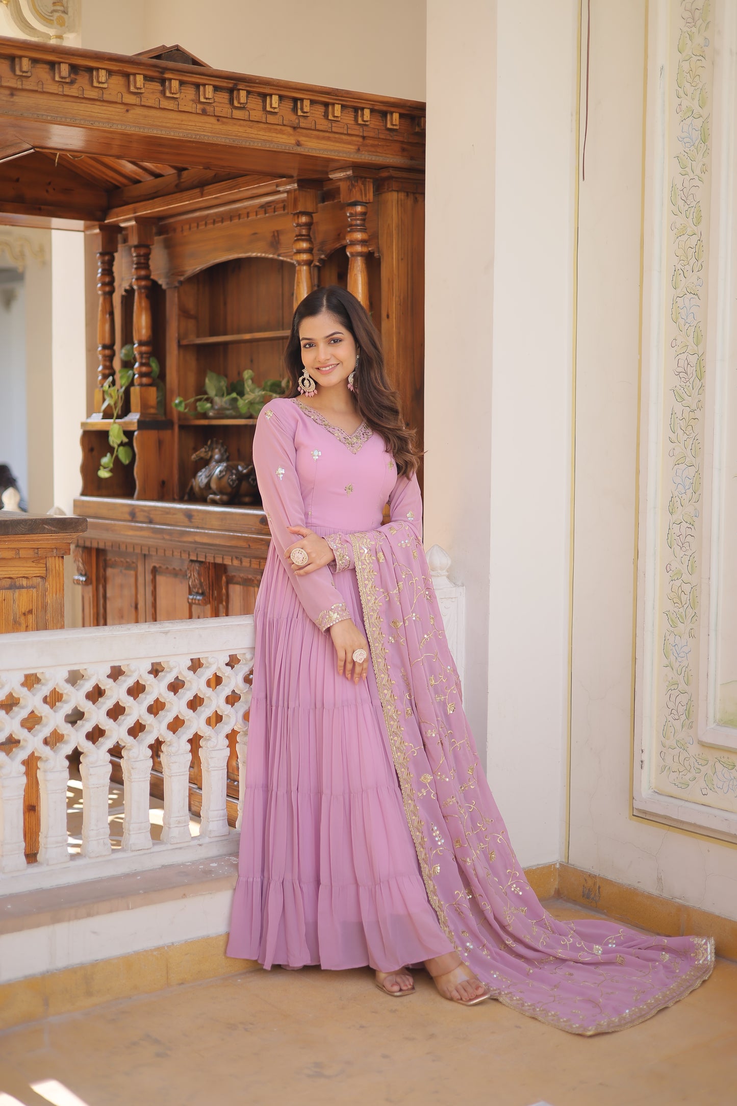 Elegant 5-Layer Frill Faux Georgette Embroidered Gown with Dupatta