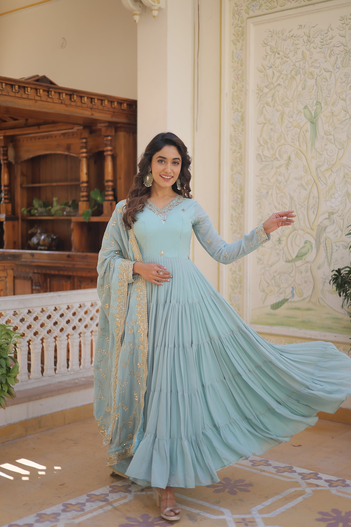 Elegant 5-Layer Frill Faux Georgette Embroidered Gown with Dupatta