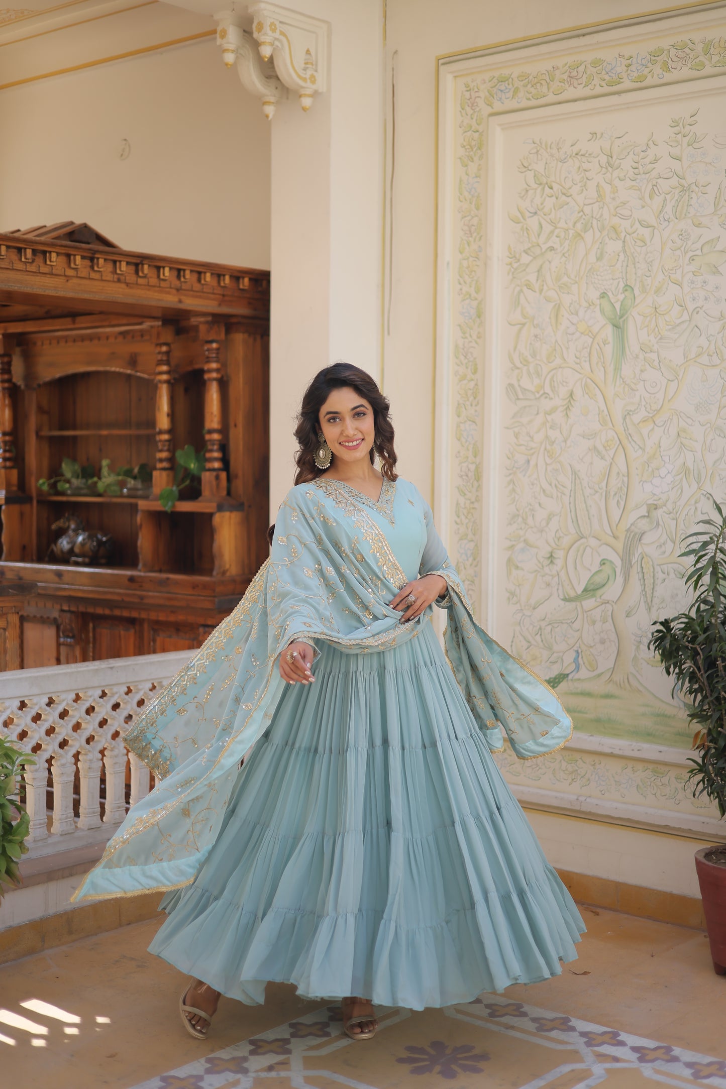 Elegant 5-Layer Frill Faux Georgette Embroidered Gown with Dupatta