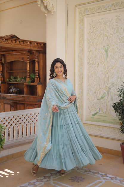 Elegant 5-Layer Frill Faux Georgette Embroidered Gown with Dupatta