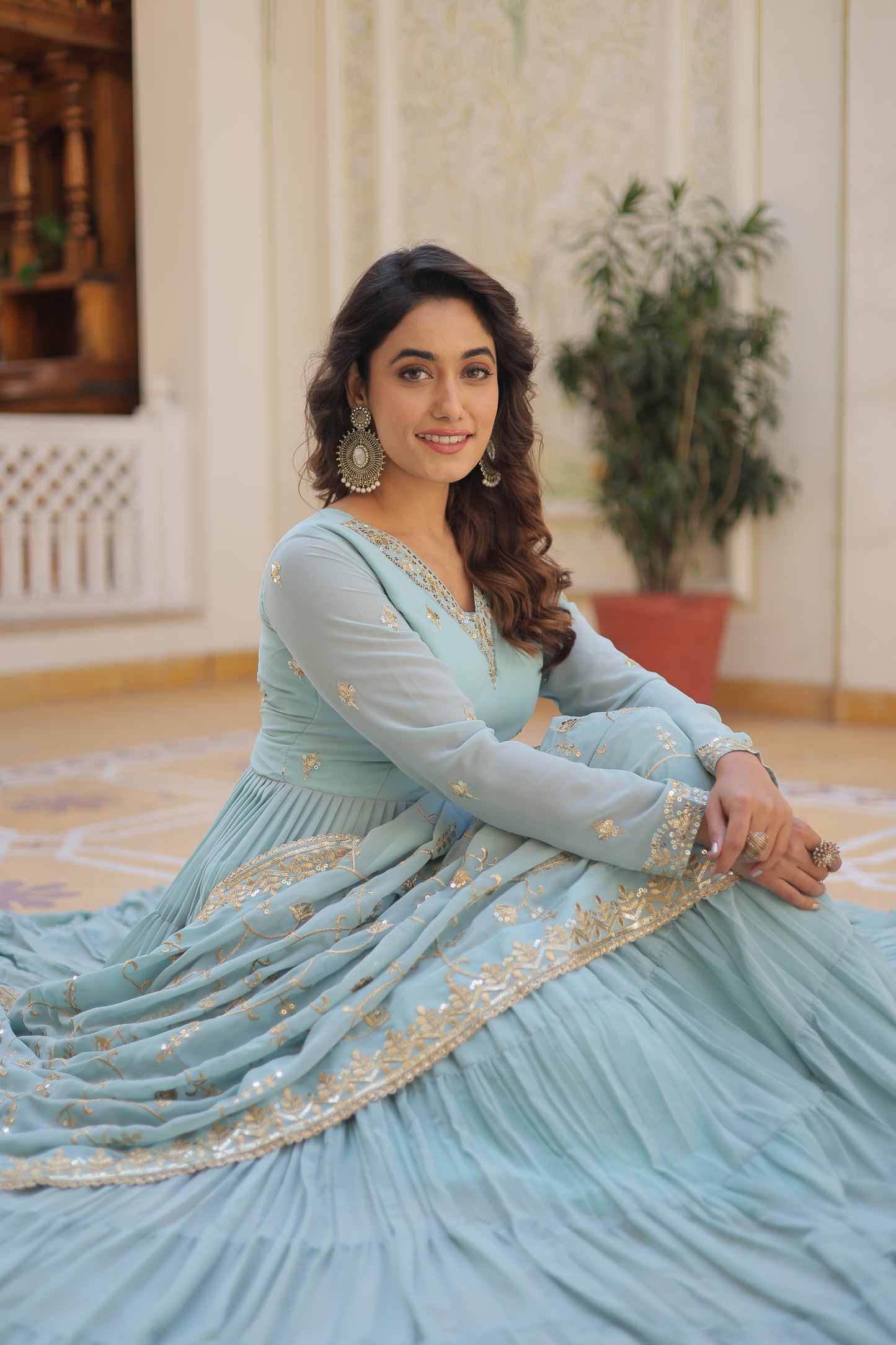 Elegant 5-Layer Frill Faux Georgette Embroidered Gown with Dupatta