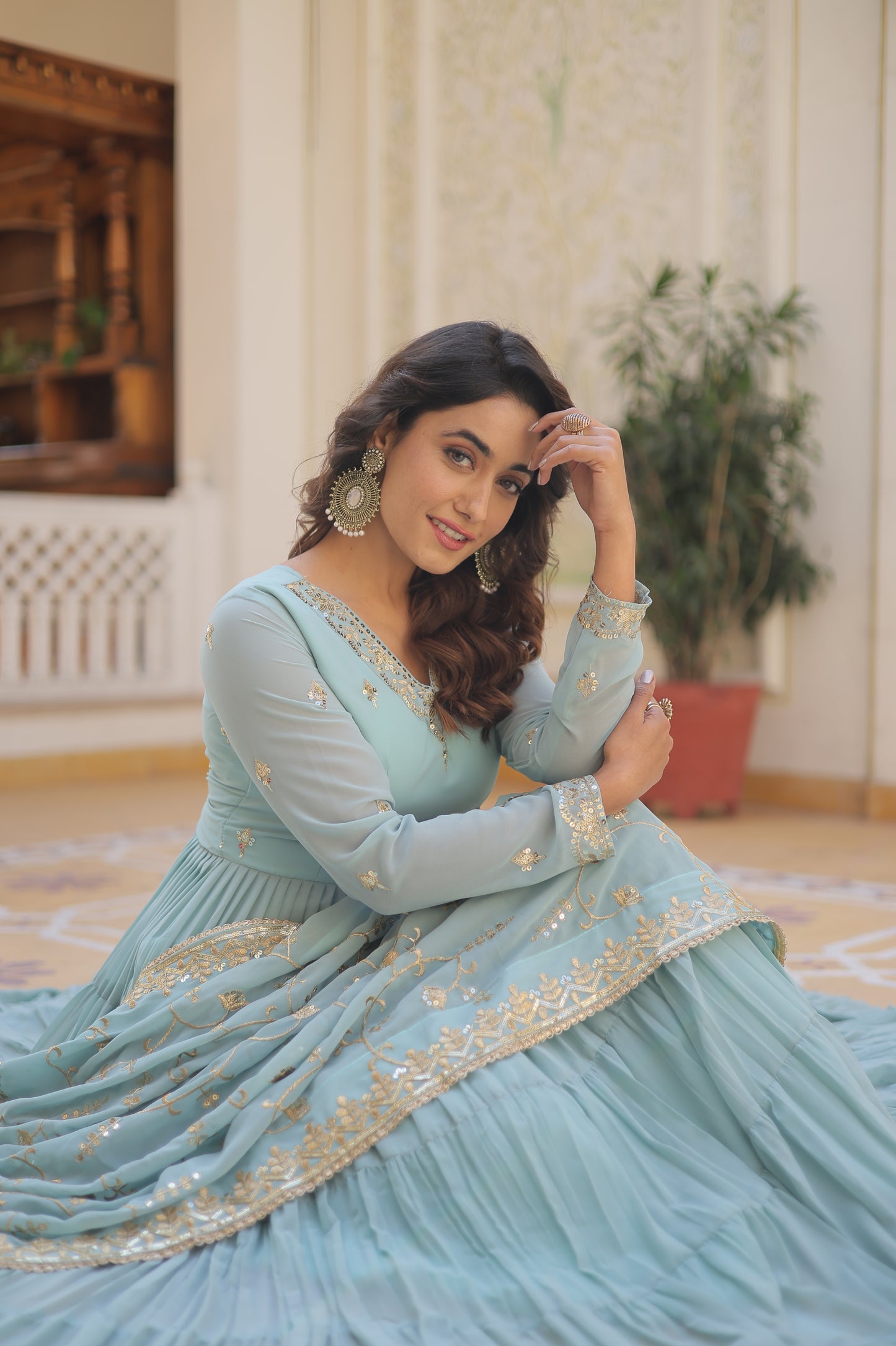 Elegant 5-Layer Frill Faux Georgette Embroidered Gown with Dupatta