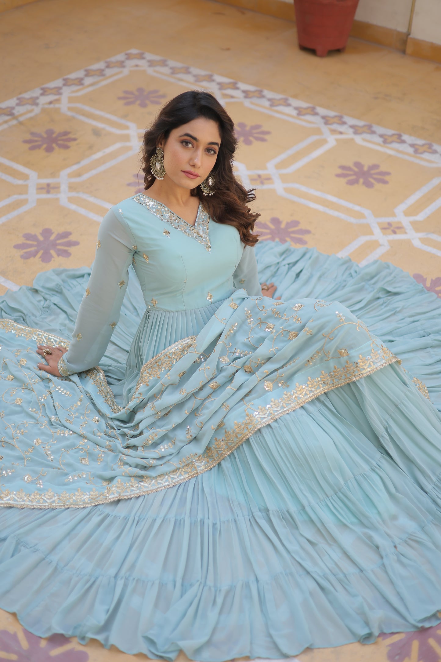 Elegant 5-Layer Frill Faux Georgette Embroidered Gown with Dupatta