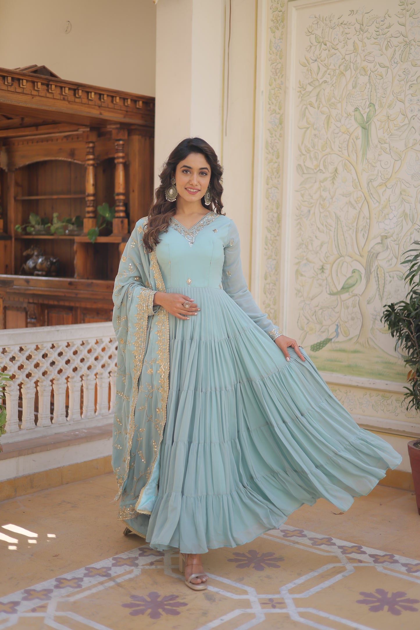 Elegant 5-Layer Frill Faux Georgette Embroidered Gown with Dupatta