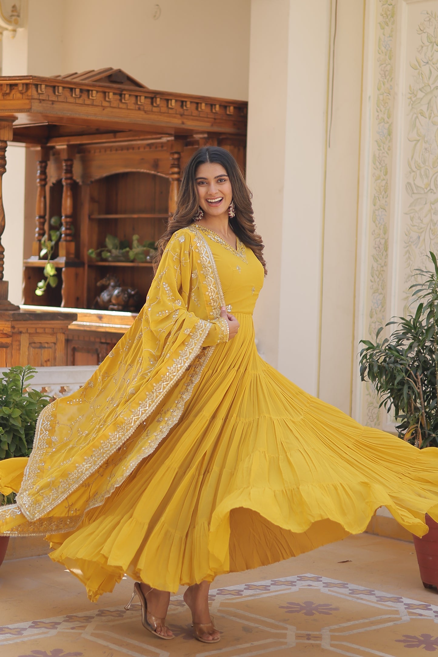 Elegant 5-Layer Frill Faux Georgette Embroidered Gown with Dupatta